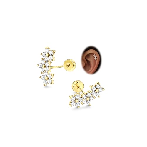 925 Sterling Silver Flat Back Stud Earrings for Women Hypoallergenic | 14K Gold Plated Cartilage Earrings for Sensitive Ears | Leaf Flower CZ Helix Tragus Piercing Jewelry - color: G-Flower Style