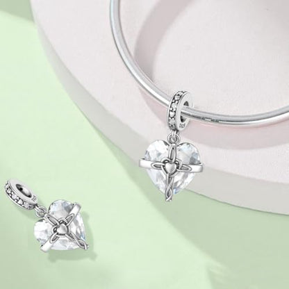 Birthstone Charm, 925 Sterling Silve Heart Dangle Charms for Pandora Bracelets, Ladies Birthday Gift - style: D-April
