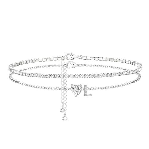 Heart Initial Silver Anklets for Women Waterproof Dainty Silver Plated ankle bracelets for women Large Ankle Women's Anklets Tennis ankle bracelets Non Tarnish Summer Beach Foot Jewelry - style: Silver-L
