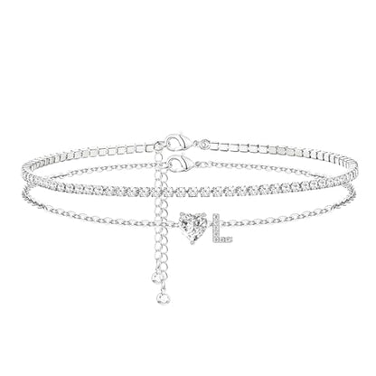 Heart Initial Silver Anklets for Women Waterproof Dainty Silver Plated ankle bracelets for women Large Ankle Women's Anklets Tennis ankle bracelets Non Tarnish Summer Beach Foot Jewelry - style: Silver-L