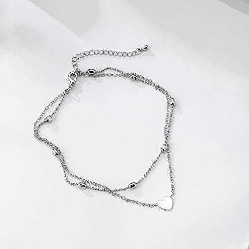 Pencros Dainty Layered Anklet,14K Gold Filled Cute Beads Satellite Chain Heart Boho Adjustable Anklets for Women - color: Layer Heart Silver