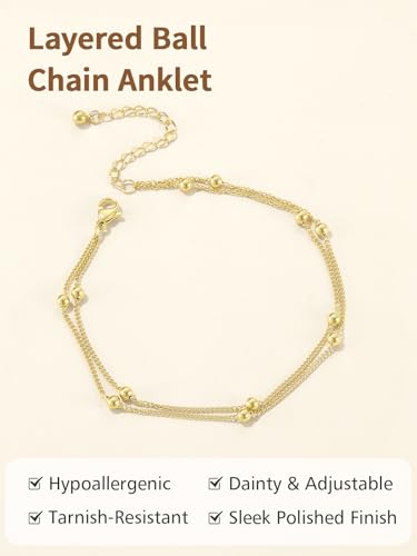 FindChic Ankle Bracelets for Women, Silver/Black/Gold Plated Layered Stainless Steel Anklets, Non-Tarnish Adjustable Waterproof Trendy Foot Jewelry for Beach Summer - style: Layered Ball Chain-Gold