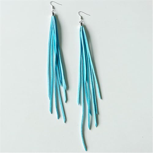 Leather Tassel Earrings Bohemian Tassel Fringe Dangle Earrings Boho Handmade Leather Feather Long Tassel Earrings Western Jewelry for Women - color: Light Blue