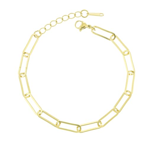 kelistom 14K Gold Filled Stainless Steel Paperclip Chain Bracelet for Women, 7.5” Rectangle Link Bracelets, Waterproof and Never Tarnish - color: 14K gold-5mm+extender