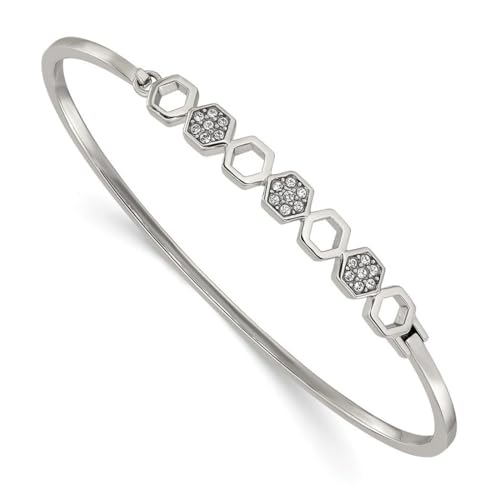 JewelryWeb 2mm Stainless Steel Polished With Crystals Hexagons Hinged Bangle Bracelet Cuff Bracelet for Women