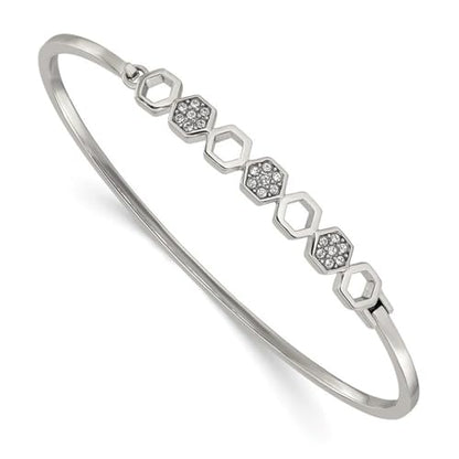 JewelryWeb 2mm Stainless Steel Polished With Crystals Hexagons Hinged Bangle Bracelet Cuff Bracelet for Women
