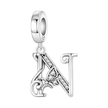 2 Pack 925 Sterling Silver Butterfly Letter Charms for Bracelets and Necklace Alphabet Initial Dangle Pendants Round Spacer Beads Pave Cubic Zirconia Jewelry Gift for Women - color: N Set