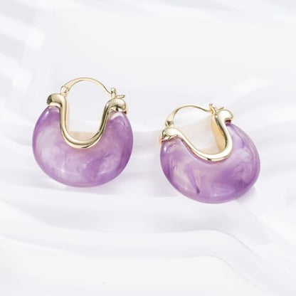 Chunky Gold Resin Hoop Earrings Leverback Statement Huggie Hoops Dangle Drop Dressy Earring Prom Festival Vacation Jewelry for Women - color: Purple, size: Drop
