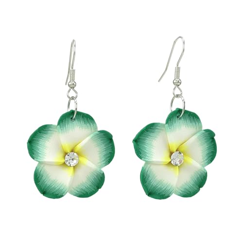 Floral Dangle Earrings for Women Hawaiian Tropical Plumeria Rubra Flower Drop Earrings with Cubic Zirconia Luau Beach Party Vacation Hawaiian Accessories Jewelry Gift - color: Green