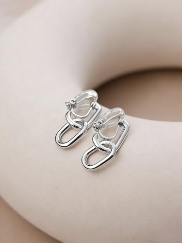 FAN&LOUIS 24K Gold Plated Clip On Earrings for Women, Gold Chain Link Drop Dangle Double Hoops Hypoallergenic Trendy Lightweight Clip-On Earrings for Non-Pierced Ears - style: Silver