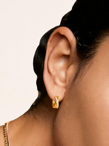 Women's Huggie Hoops with Birthstone 925 Sterling Silver Huggie Stud Hypoallergenic 14K Gold Plated Moissanite Earrings -Emerald Sapphire Ruby Hoop Earrings, Size 20 25mm - color: B -Gold CZ, size: 20mm (0.78 Inch)