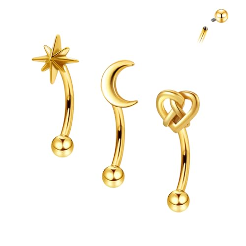 3Pcs Eyebrow Rings, 16G Threaded Gold Rook Earrings Piercing Jewelry for Women Men 316L Stainless Steel Lip Labret Barbells Ring - color: Gold, size: 16 gauge(1.2mm)-6mm