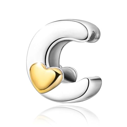 Two-Tone Gold Heart S925 Silver Letter Charm Fits Pandora Bracelet Necklace | Initial Bead Two-Tone Gold Heart, DIY European Bracelet Accessory, Gift for Ladies Birthday Anniversary Valentine - style: C