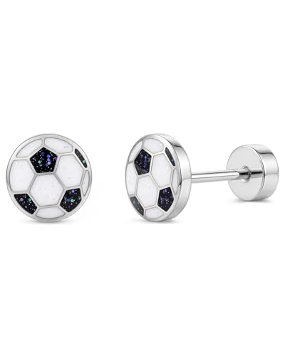 Soccer Stud Earrings,Hypoallergenic 18K Gold Plated Stainless Steel Flat Back Screw Heart Sports Earrings for Women,Soccer Fan Football Mom Jewelry Gift for Sport Day Daily Wear - color: Silver