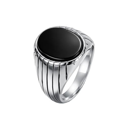 Oval Zircon Men's Grooved Signet | Retro Chunky Stainless Steel Geometric Band, Cool Industrial Statement Jewelry for Him, Biker Fashion Accessory - color: Round Silver