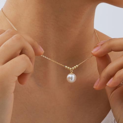 Pearl Necklace for Women 925 Sterling Silver Single Pearl Jewelry with Shell Pearl Pendant - Dainty Choker Necklace Suitable for Anniversary, Wedding, Birthday Gifts - color: Bead Gold