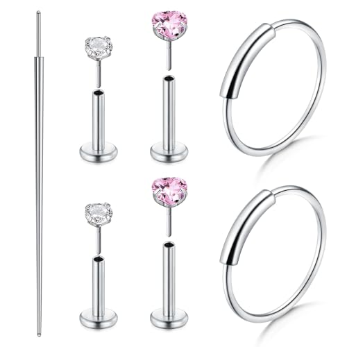 Zolure 18G/20G Flat Back Earrings Stud Threadless Nose Studs Surgical Steel Push in Earrings Tragus Cartilage Labret Helix Lip Conch Medusa Piercing Jewelry - color: 20G Silver #3