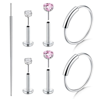 Zolure 18G/20G Flat Back Earrings Stud Threadless Nose Studs Surgical Steel Push in Earrings Tragus Cartilage Labret Helix Lip Conch Medusa Piercing Jewelry - color: 18G Silver #3