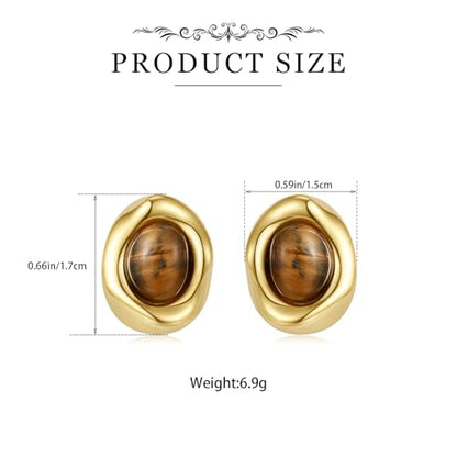 Brown Earrings Circle Chunky Earrings for Women Trendy 18K Gold Plated Stud Hoop Stainless Steel Hypoallergenic - color: Oval Stud Brown Color