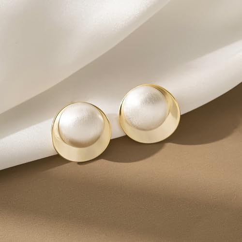 Geometric Chunky Stud Earrings for Women,Thick Brashed Matte Brass Metal Lightweight Dainty Trendy Statement Two-Tone Jewelry Earrings - color: White