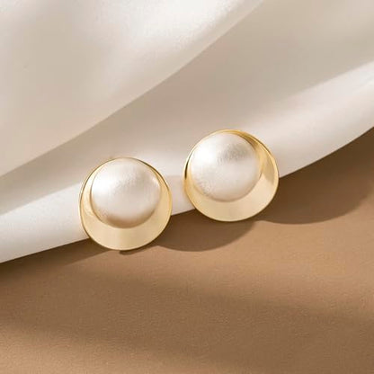 Geometric Chunky Stud Earrings for Women,Thick Brashed Matte Brass Metal Lightweight Dainty Trendy Statement Two-Tone Jewelry Earrings - color: White