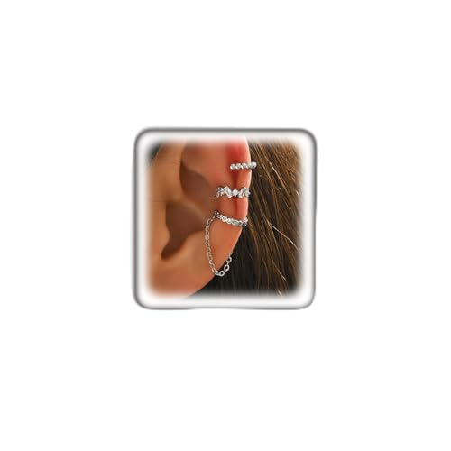 3Pcs Ear Cuffs Non Piercings for Women, Trendy Cubic Zirconia Gold Silver Clip On Cuff Earrings Set Jewelry Dainty Fake Cartilage Earring - color: Silver Chain2