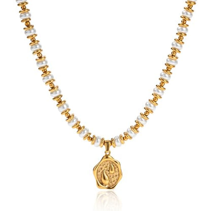 NUZON Sunburst Heart / 2-Tone Interlocking/CZ Evil Eye/Single Pearl/Love Heart Pendant Necklace for Women 14K Gold Chain Necklace Chunky Statement Jewelry - color: Pearl Beaded & Teardrop Pendant