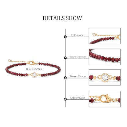 Raicegs Anklets for Women Handmade Beach Boho Ankle Bracelet 3mm Natural Stone Beaded Ankle Bracelet 14K Gold Plated Zircon Pendant Adjustable Crystal Gemstone Anklet Jewelry Gift for Her - color: Garnet