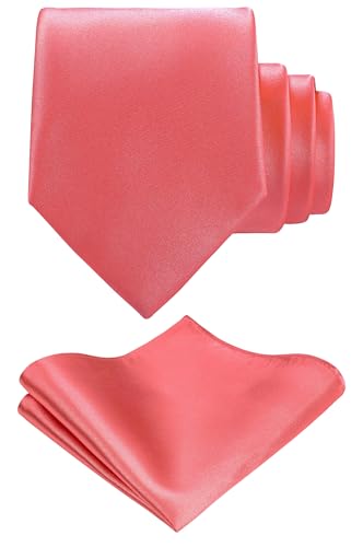 TIE G Solid Satin Woven dyed Color Formal Black Necktie and Pocket Square Sets in Gift Box - color: Coral