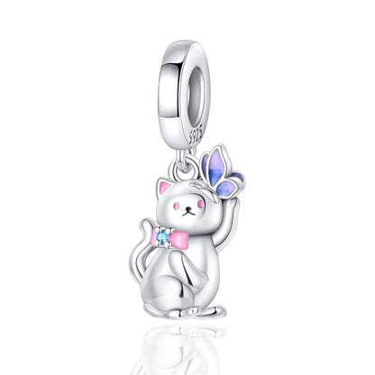 925 Sterling Silver Bead Charm for Pandora Bracelets and Necklaces,Pink Bow Cherry Butterfly Blue Ocean Pendant Bead Charms Jewelry Present Valentines Gifts for Wife/Girlfriend Women - style: Kitten playing with Butterflies