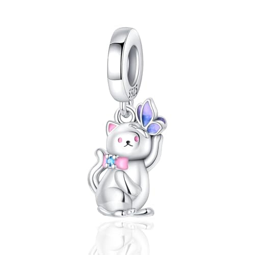 925 Sterling Silver Bead Charm for Pandora Bracelets and Necklaces,Pink Bow Cherry Butterfly Blue Ocean Pendant Bead Charms Jewelry Present Valentines Gifts for Wife/Girlfriend Women - style: Kitten playing with Butterflies