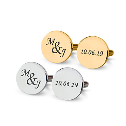 Custom engraved cufflinks for men, personalized wedding gift for groom, father of the bride & groom dad, best men, customized gold & silver cufflinks with dates, quotes or couples initials from bride - style: Initials and date