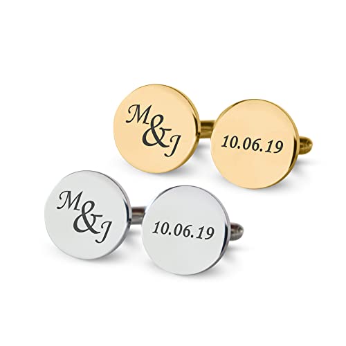 Custom engraved cufflinks for men, personalized wedding gift for groom, father of the bride & groom dad, best men, customized gold & silver cufflinks with dates, quotes or couples initials from bride - style: Initials and date