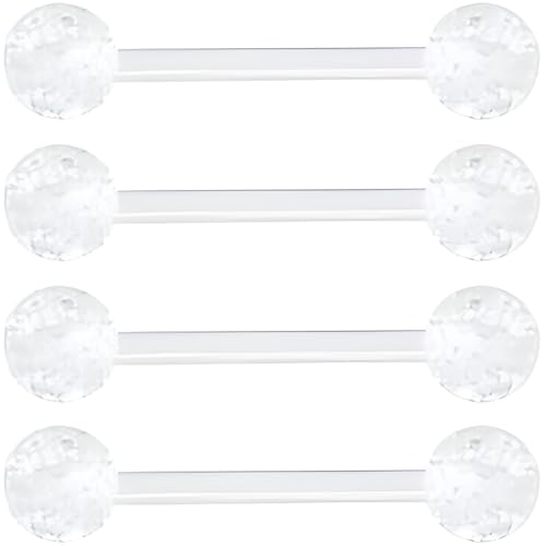 Sequin Barbell Piercing Set for Men Women 14 G Acrylic Tongue Ring Jewellery Long Cute Nipple Piercings Bars Kit Hypoallergenic Flexible Stud 4 pcs Body Jewelry Size 16 MM - color: White