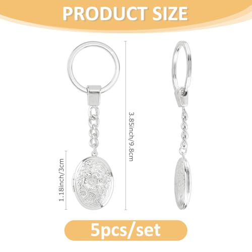 SUPERFINDINGS 5Pcs Locket Keychains Brass Memory Photo Locket Keychain Oval Flower Locket Keychains for Bag Hat Key - color: Silver