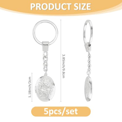 SUPERFINDINGS 5Pcs Locket Keychains Brass Memory Photo Locket Keychain Oval Flower Locket Keychains for Bag Hat Key - color: Silver