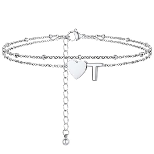 Initial Ankle Bracelets for Women, Dainty Stainless Steel Letter A-Z Layered Anklets, Heart Ankle Bracelet 8.5"-10.5" Adjustable, Summer Beach Jewelry, Come with Box - color: Silver, size: T