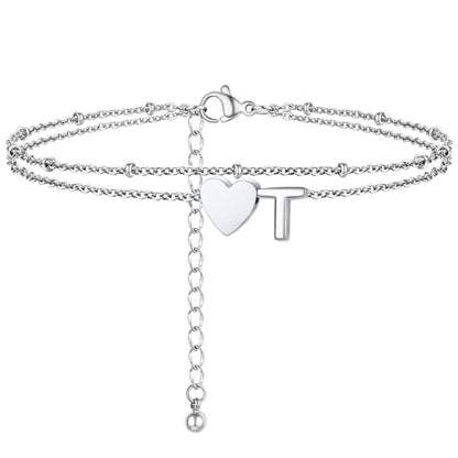 Initial Ankle Bracelets for Women, Dainty Stainless Steel Letter A-Z Layered Anklets, Heart Ankle Bracelet 8.5"-10.5" Adjustable, Summer Beach Jewelry, Come with Box - color: Silver, size: T