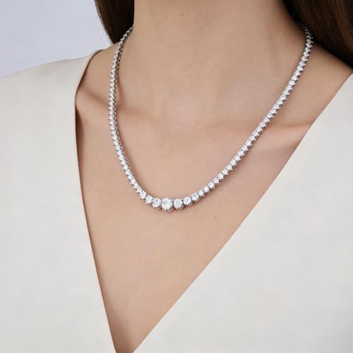 BREN 3 Prong Graduated Tennis Necklaces for Women Men, 18K White/Yellow Gold Plated 16/18 inches Round Cubic Zirconia Dainty Chain Wedding Jewelry Gift - color: White Gold, size: 16 inch