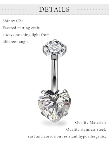 Long Belly Button Rings Surgical Steel Belly Button Ring 14mm Navel Rings for Women 14G Long Bar Navel Piercing Jewelry Heart Crystal - color: 1pc,14g,14mm bar