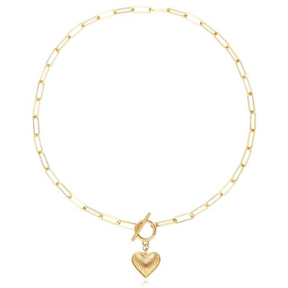 Chunky Gold Necklace for Women, 18K Waterproof Heart Necklace Statement Necklace Gold Charm Necklace Chunky Jewelry Paperclip Chain Choker Gift for Women - style: Heart Charm Toggle
