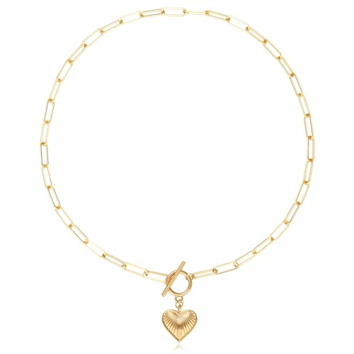 Chunky Gold Necklace for Women, 18K Waterproof Heart Necklace Statement Necklace Gold Charm Necklace Chunky Jewelry Paperclip Chain Choker Gift for Women - style: Heart Charm Toggle