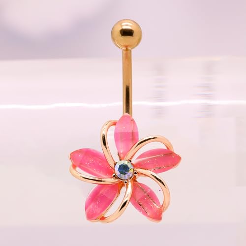 VERAMI 14G 316L Flower Belly Button Ring Surgical Steel Cute Flower Belly Button Ring Body Piercing Jewelry - color: Rose Glod-Pink