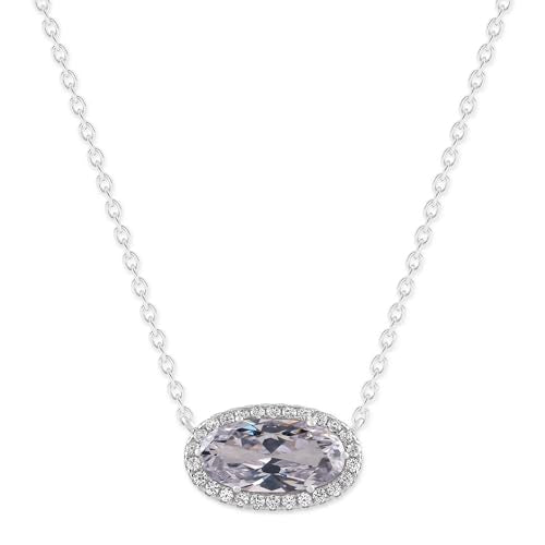 Belacqua Gemstone Necklace in Sterling Silver,Halo Pendant with Accent, Oval Cut 6 * 12mm, 15" Cable Chain with 2" Extender, Spring Ring Clasp, Dainty Birthstone Necklace for Women, Gift Box Included - color: 04-April-White Zircon