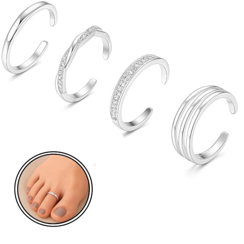 925 Sterling Silver Toe Rings Set for Women – Minimalist 14K Gold Plated Open Adjustable Bands, Simple Beach Foot Jewelry for Summer - color: Silver