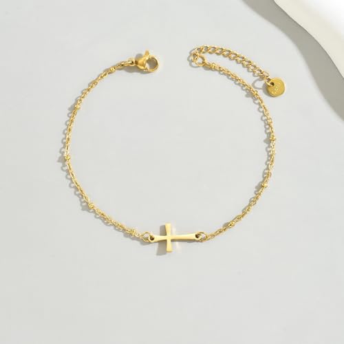 18K Gold Plated Pearl Beaded Cross Bracelets for Women Adjustable Stainless Steel Dainty Thin Gold Box Cuban Twisted Link Chain Bracelet Bridesmaid Jewelry Gifts - color: Satellite Cross-Gold