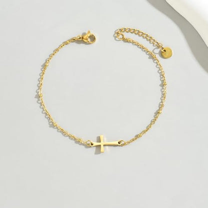 18K Gold Plated Pearl Beaded Cross Bracelets for Women Adjustable Stainless Steel Dainty Thin Gold Box Cuban Twisted Link Chain Bracelet Bridesmaid Jewelry Gifts - color: Satellite Cross-Gold