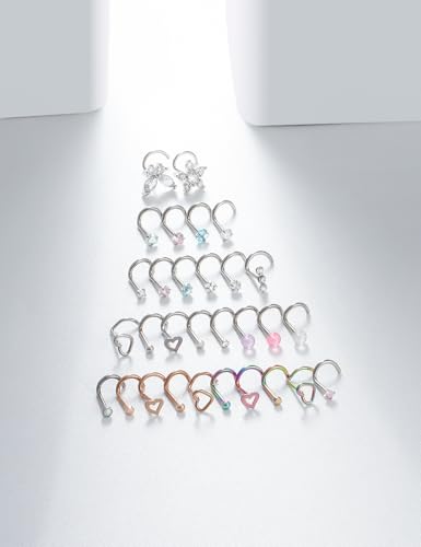 Prjndjw 20G 18G Nose Rings Studs Surgical Steel Nose Stud Glow Dark Heart Opal CZ Flower Nose Piercing Jewelry Nose Rings for Women Straight Screw L Shaped Nose Rings Hypoallergenic Nose Piercing Kit - color: 18G-Twisted nose rings