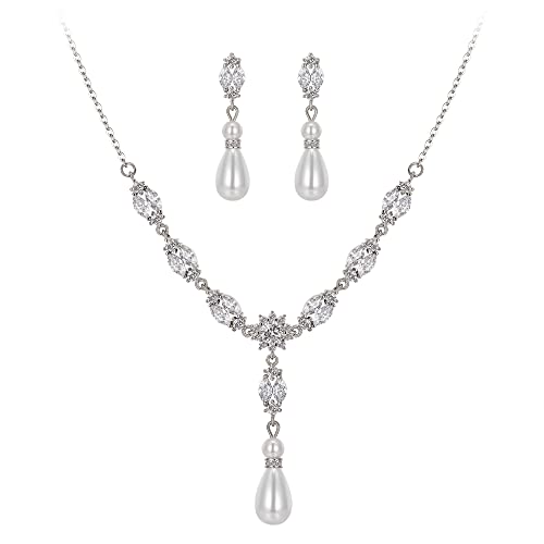 EleQueen Women's Simulated Pearl Wedding Jewelry Set for Brides | Cubic Zirconia Necklace Earrings Bracelet Set for Brides Bridesmaids, Bridal Jewelry Set for Anniversary/Memorial Day - style: Bridal Pearl Jewelry Sets