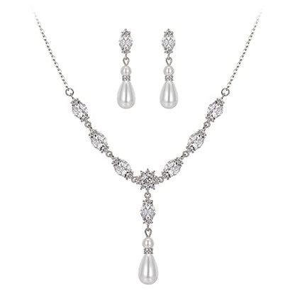 EleQueen Women's Simulated Pearl Wedding Jewelry Set for Brides | Cubic Zirconia Necklace Earrings Bracelet Set for Brides Bridesmaids, Bridal Jewelry Set for Anniversary/Memorial Day - style: Bridal Pearl Jewelry Sets